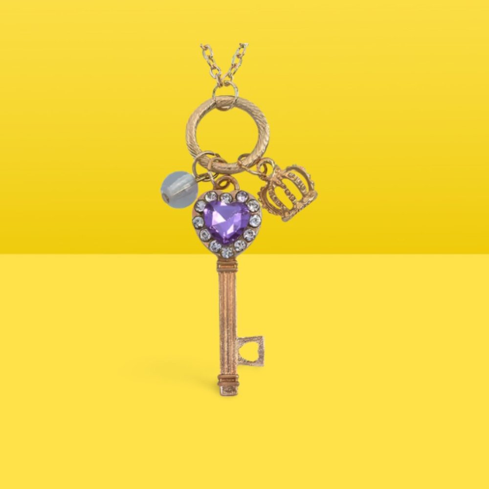 Gold Key Charm Necklace Purple Crystal